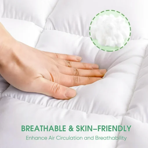 Outlet Home Bed Toppers a hand pushes on a bed topper mattress pad made of pure premium cotton, breathable and soft touch on the skin