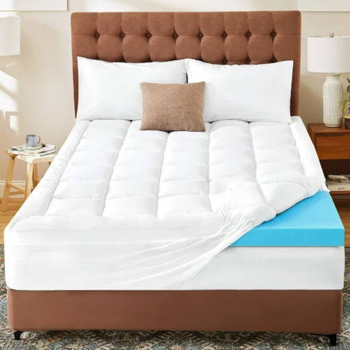 Mattress topper white color on white mattress all on brown bed in a nice room, with a cushion and two pillows, 100% premium cotton back pain relief and nice night sleep