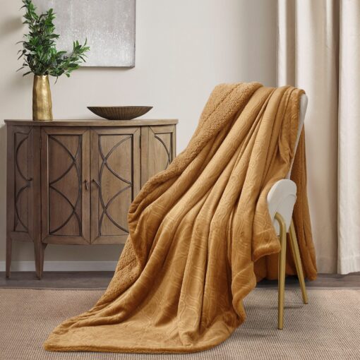 Throw Blanket Masterpiece Amira design, brown color, Made from plush velvet, this blanket offers a soft and rich texture, 200 x 230 CM, King-sized bed, on chair in a nice decorated room