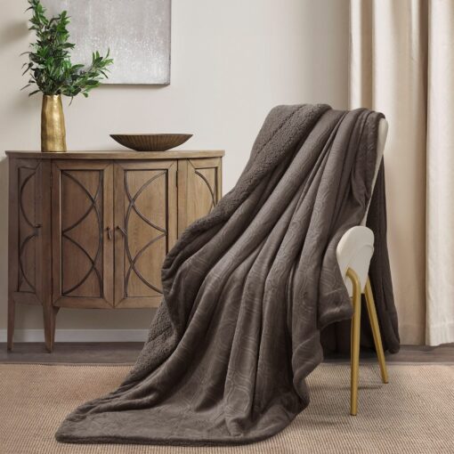 Throw Blanket Masterpiece Amira design, dark brown color, Made from plush velvet, this blanket offers a soft and rich texture, 200 x 230 CM, King-sized bed, on chair in a nice decorated room