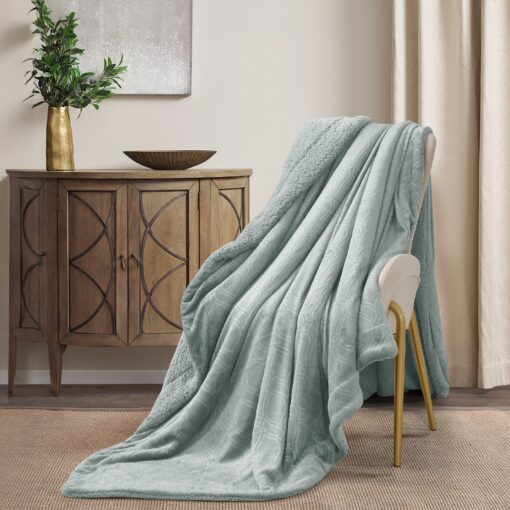 Throw Blanket Masterpiece Amira design, pastel color, Made from plush velvet, this blanket offers a soft and rich texture, 200 x 230 CM, King-sized bed, on chair in a nice decorated room