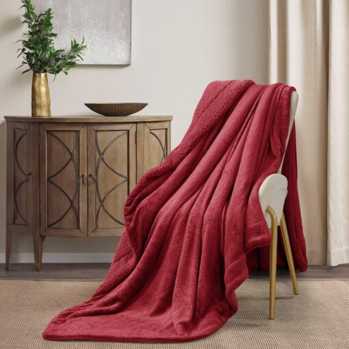 Throw Blanket Masterpiece Amira design, red color, Made from plush velvet, this blanket offers a soft and rich texture, 200 x 230 CM, King-sized bed, on chair in a nice decorated room