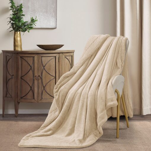 Throw Blanket Masterpiece Amira design, beige color, Made from plush velvet, this blanket offers a soft and rich texture, 200 x 230 CM, King-sized bed, on chair in a nice decorated room