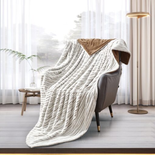 Blanket Focus Soulmate design King 200*230CM, brown stripe color, crafted from soft micro fabric, offering a gentle and cozy touch, for King-sized beds, on chair in a nice decorated room