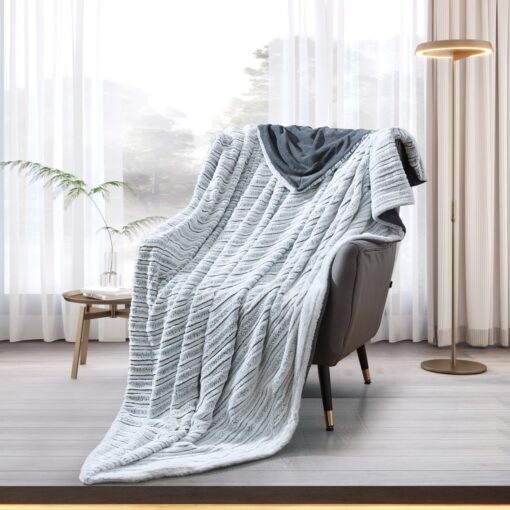 Blanket Focus Soulmate design King 200*230CM, gray stripe color, crafted from soft micro fabric, offering a gentle and cozy touch, for King-sized beds, on chair in a nice decorated room