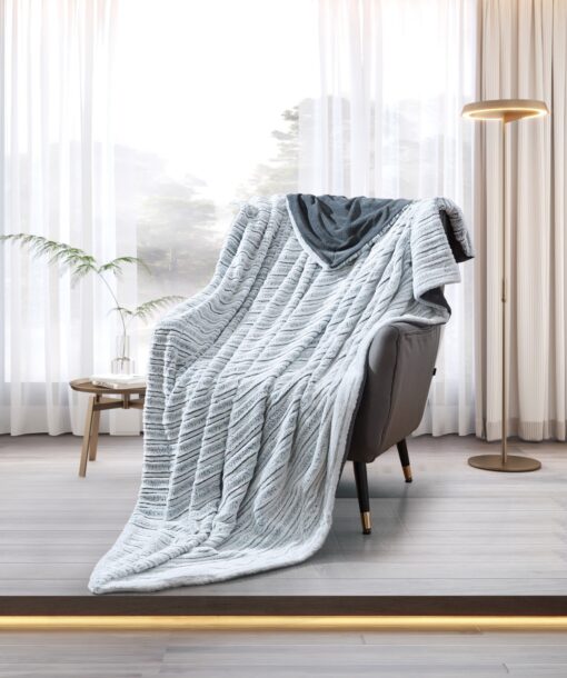 Blanket Focus Soulmate design King 200*230CM, gray stripe color, crafted from soft micro fabric, offering a gentle and cozy touch, for King-sized beds, on chair in a nice decorated room