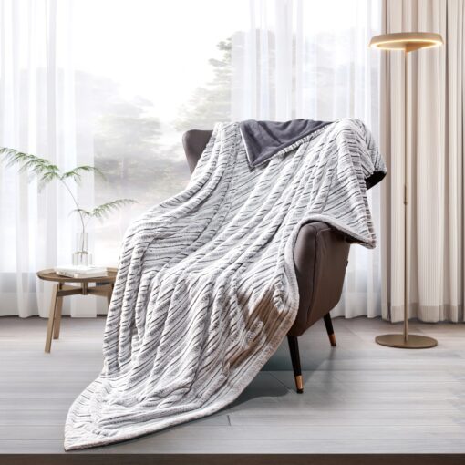 Blanket Focus Soulmate design King 200*230CM, silver stripe color, crafted from soft micro fabric, offering a gentle and cozy touch, for King-sized beds, on chair in a nice decorated room