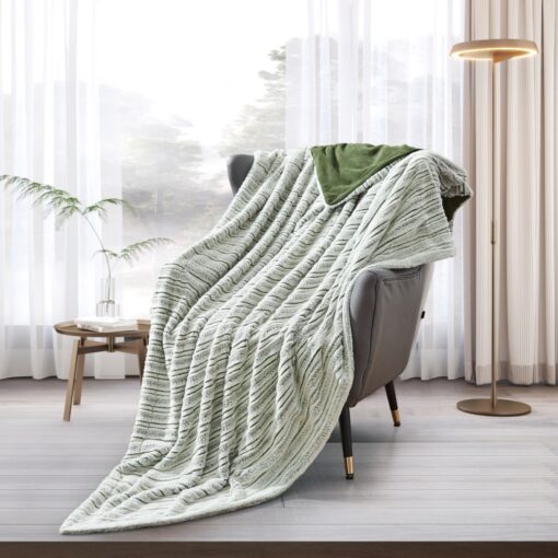 Blanket Focus Soulmate design King 200*230CM, green stripe color, crafted from soft micro fabric, offering a gentle and cozy touch, for King-sized beds, on chair in a nice decorated room