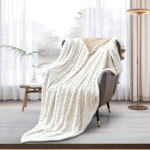 Blanket Focus Soulmate design King 200*230CM, beige stripe color, crafted from soft micro fabric, offering a gentle and cozy touch, for King-sized beds, on chair in a nice decorated room