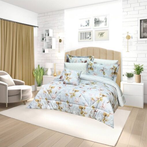 bedding set Solaris, super king, king, single and queen sizes, Crafted from a premium blend of polyester and microfiber, with nice printing of leaf and flowers with pillows and cushions and bed sheet