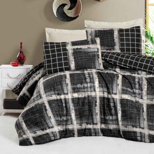 Comforter Aleexa King, single, queen sizes, Crafted from premium cotton and featuring a sophisticated Aleexa design, combines black and beige colors beautifully, consist of comforter, fitted sheet, pillow shams, and pillow cases