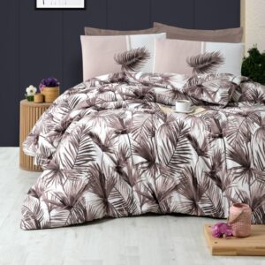 Bedding Set 260x240 King, single, queen sizes , Crafted from premium cotton and featuring a sophisticated Aleexa design, combines white and brown colors beautifully, consist of comforter, fitted sheet, pillow shams, and pillow cases