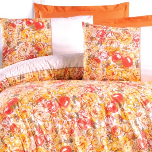 Comforter Aleexa King, single, queen sizes, Crafted from premium cotton and featuring a sophisticated Aleexa design, printed with flowers on the two sides with orange color, consist of comforter, fitted sheet, pillow shams, and pillow cases