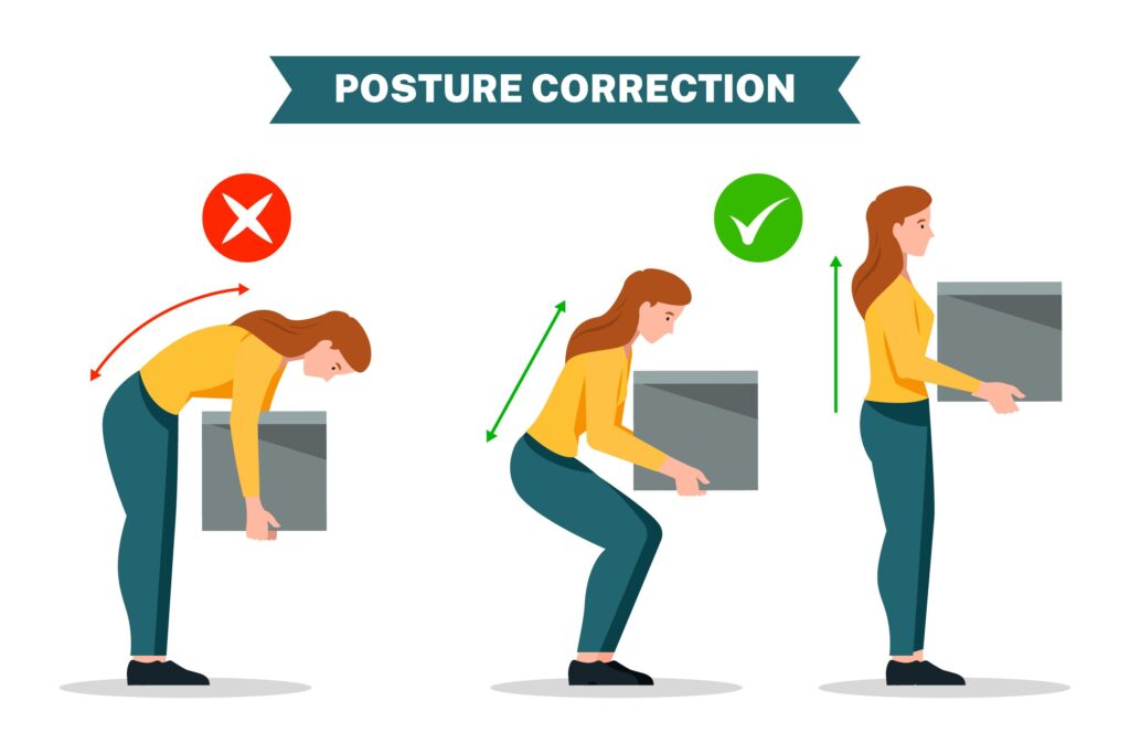 Illustration showing proper and improper lifting techniques for posture correction. The left image depicts incorrect posture with a bent back, while the middle and right images demonstrate correct posture by bending the knees and keeping the back straight while lifting