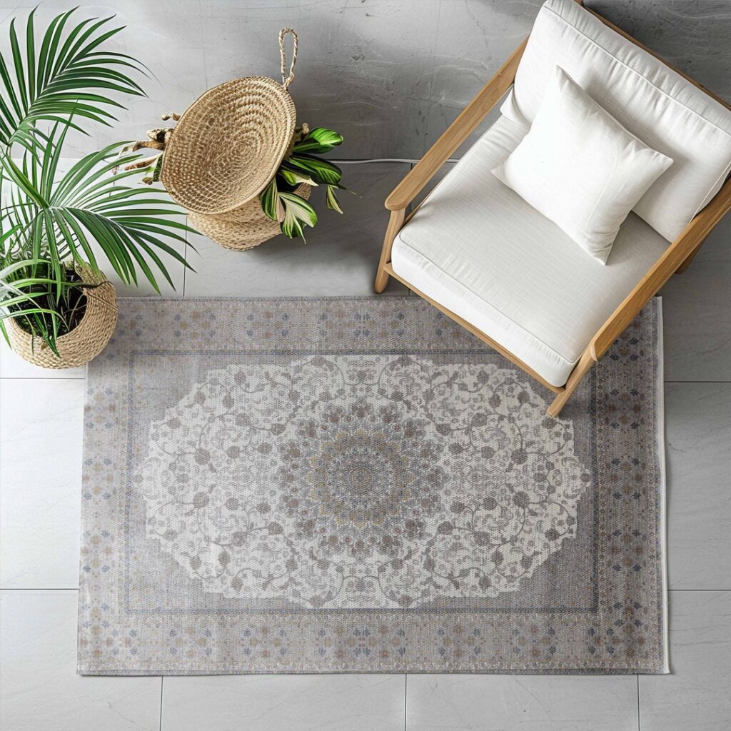 A serene corner featuring a light grey rug with intricate mandala-inspired patterns, a wooden armchair with white cushions, and a decorative basket of greenery, creating a relaxing and minimalist atmosphere