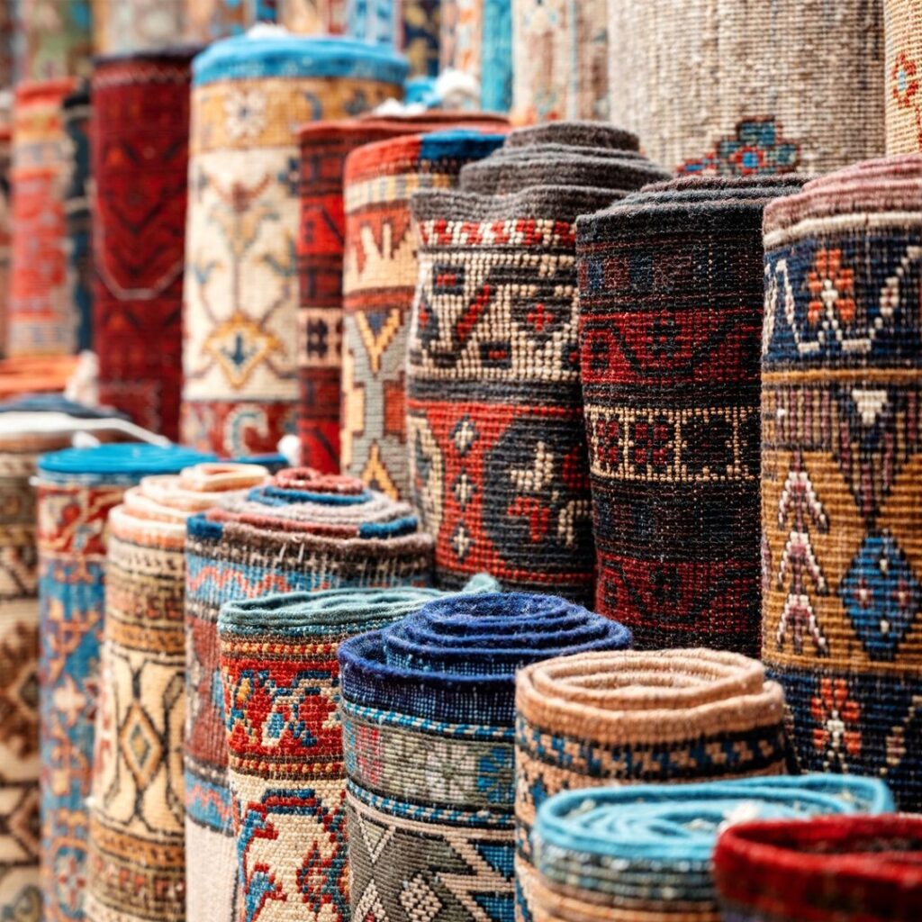 A vibrant display of rolled-up traditional rugs featuring intricate patterns and bold colors, including red, blue, beige, and earthy tones, showcasing artisanal craftsmanship and cultural designs