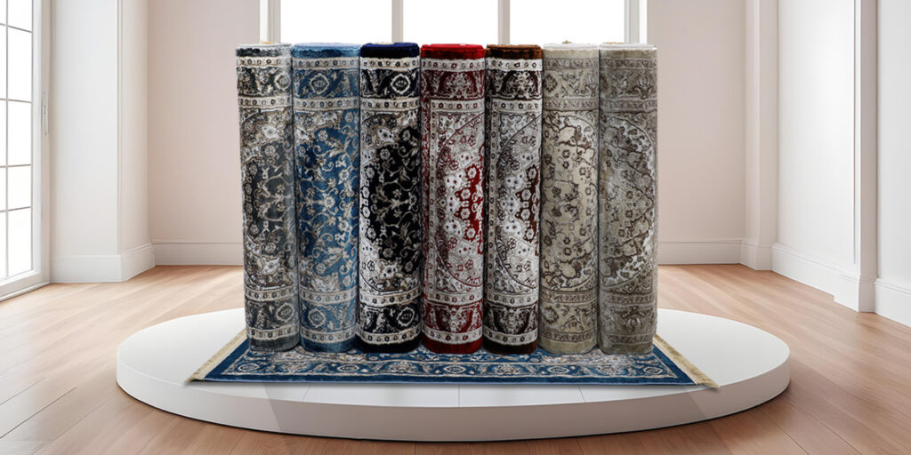 A collection of rolled-up luxurious patterned carpets in various colors, including blue, red, black, and beige, displayed on a vibrant blue rug in a bright and elegant room with natural lighting.