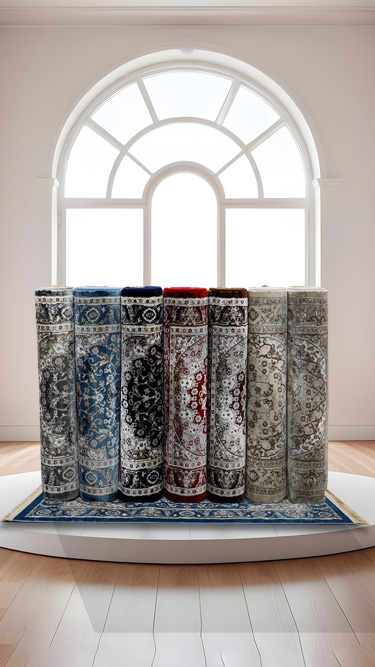 A collection of rolled-up luxurious patterned carpets in various colors, including blue, red, black, and beige, displayed on a vibrant blue rug in a bright and elegant room with natural lighting.