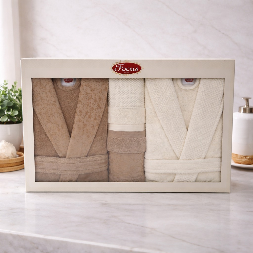 Couple Bathrobe Set 100% Cotton 10 PCs with Towels & Slippers Soft Luxury