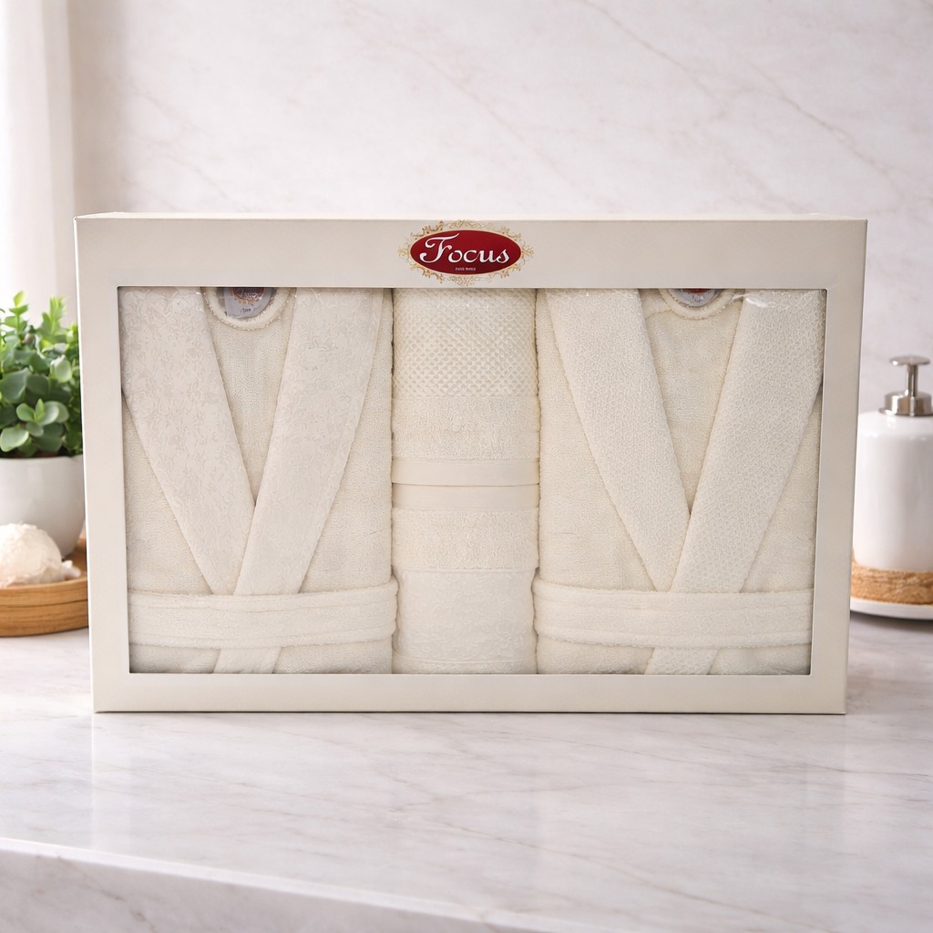 Couple Bathrobe Set 100% Cotton 10 PCs with Towels & Slippers Soft Luxury - Image 4